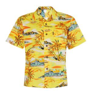 Palmwave Hawaii (Yellow scenery), Mens 100% Cotton Aloha Shirt Size Large